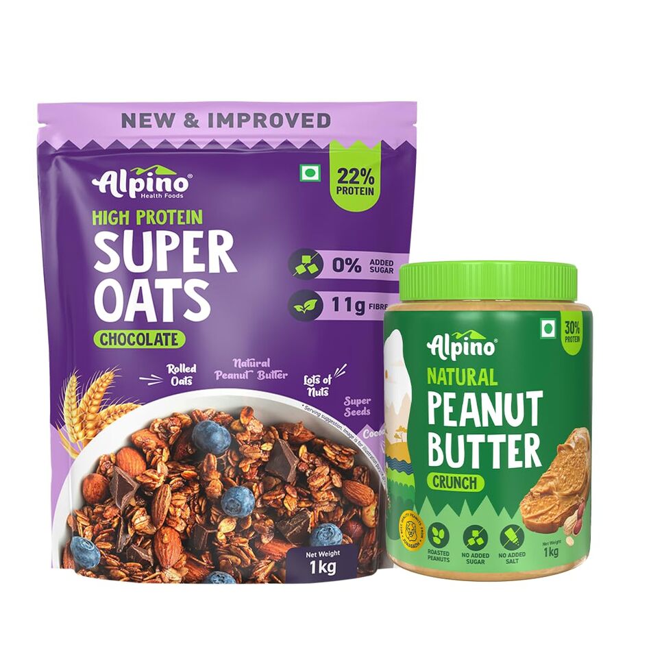 Pre-Workout High Protein & Fiber Diet Super Combo - High Protein Super Oats Chocolate  400g, Natural Peanut Butter Crunch 1 Kg-1