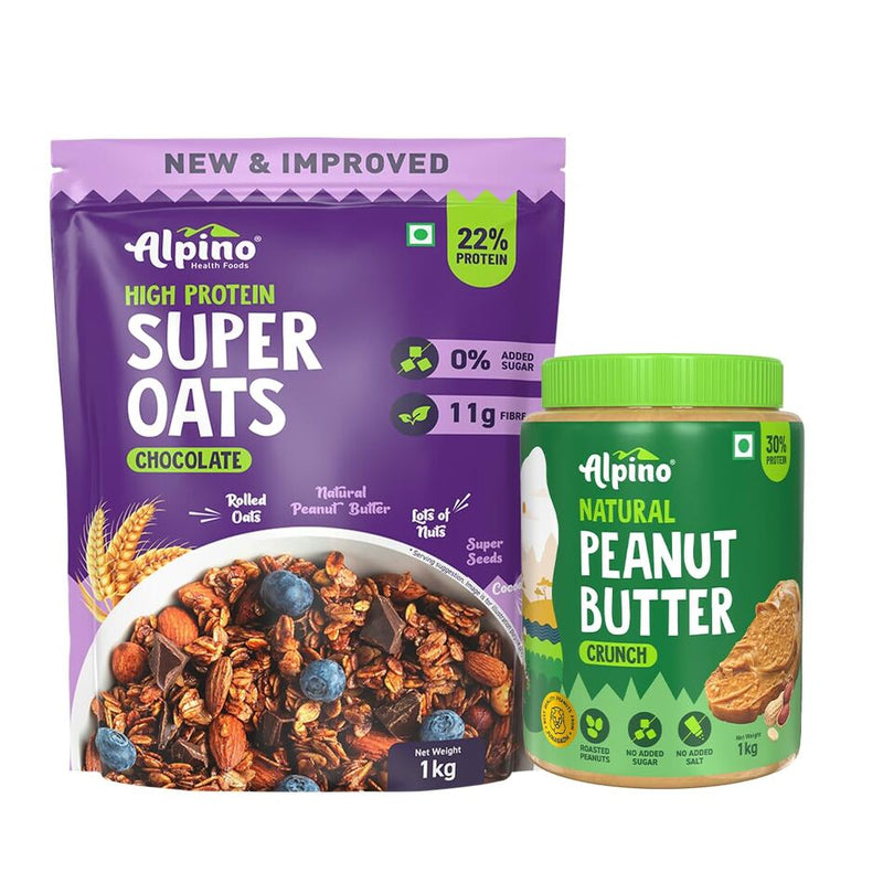 Pre-Workout High Protein & Fiber Diet Super Combo - High Protein Super Oats Chocolate  400g, Natural Peanut Butter Crunch 1 Kg-1