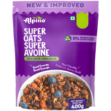 Alpino Super Oats Super Avoine chocolate flavor in a 400g resealable stand-up pouch. The packaging is predominantly purple with white and green text, featuring a bowl of the muesli mix with oats, nuts, chocolate pieces, and blueberries at the bottom.