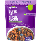 Alpino Super Oats Super Avoine chocolate flavor in a 400g resealable stand-up pouch. The packaging is predominantly purple with white and green text, featuring a bowl of the muesli mix with oats, nuts, chocolate pieces, and blueberries at the bottom.