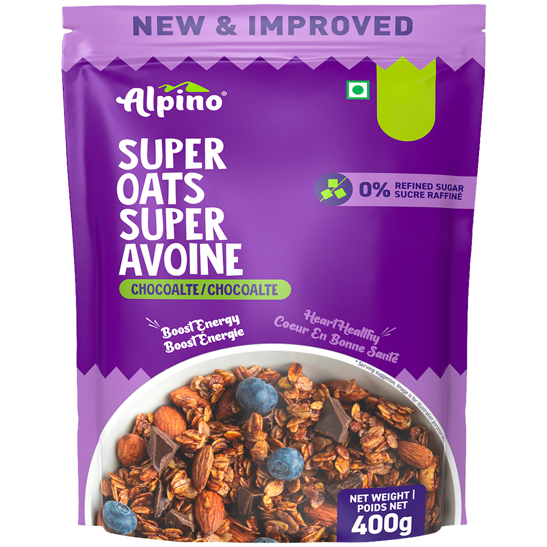 Alpino Super Oats Super Avoine chocolate flavor in a 400g resealable stand-up pouch. The packaging is predominantly purple with white and green text, featuring a bowl of the muesli mix with oats, nuts, chocolate pieces, and blueberries at the bottom.