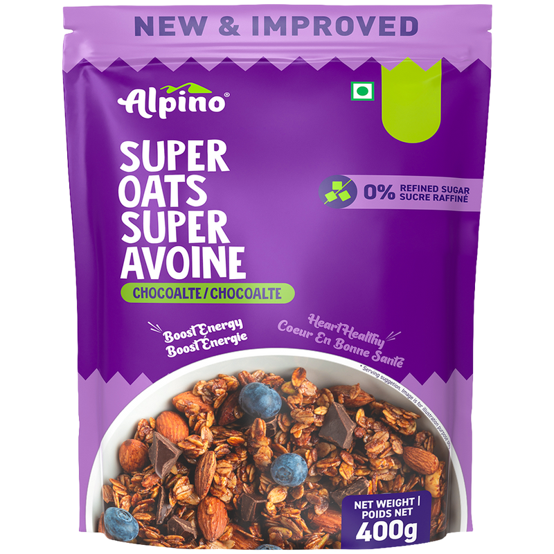 Alpino Super Oats Super Avoine chocolate flavor in a 400g resealable stand-up pouch. The packaging is predominantly purple with white and green text, featuring a bowl of the muesli mix with oats, nuts, chocolate pieces, and blueberries at the bottom.