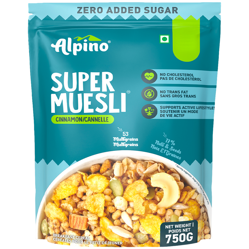 Alpino Super Muesli Cinnamon 750 g pouch with no sugar added label