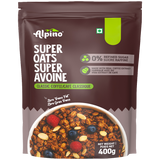 Alpino Super Oats in a 400g brown stand-up pouch with a bowl of oatmeal and berries shown on the front, featuring text for classic coffee/caffeine flavor and claims like 0% refined sugar.