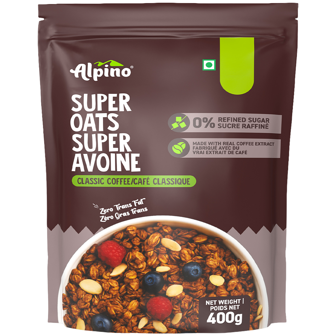 Alpino Super Oats in a 400g brown stand-up pouch with a bowl of oatmeal and berries shown on the front, featuring text for classic coffee/caffeine flavor and claims like 0% refined sugar.