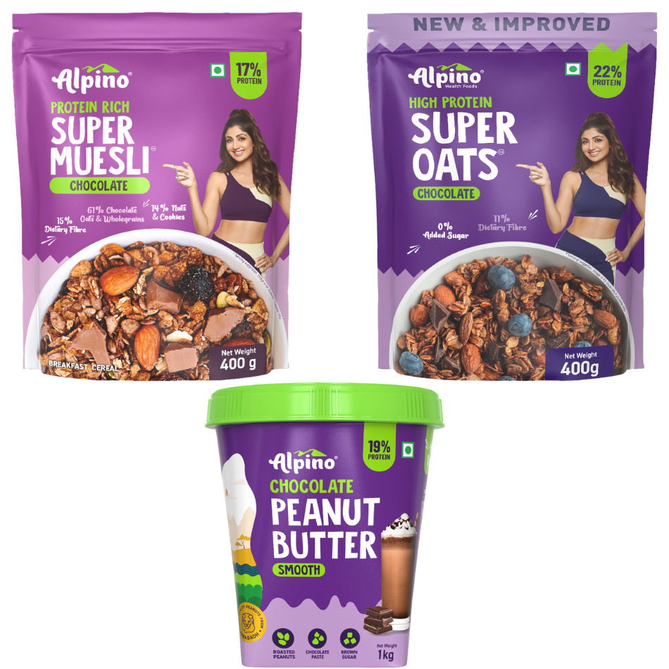 Chocolate High Protein Combo: Chocolate Peanut Butter Smooth/Crunch 1 KG | Chocolate Muesli 400g & Chocolate Super Oats 400g