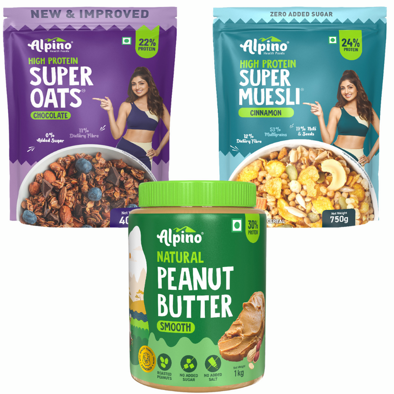 High Protein Combo - Natural Peanut Butter Smooth 1 KG + High Protein Super Muesli Cinnamon 750g + Peanut Butter Super Oats Chocolate 400 G-1