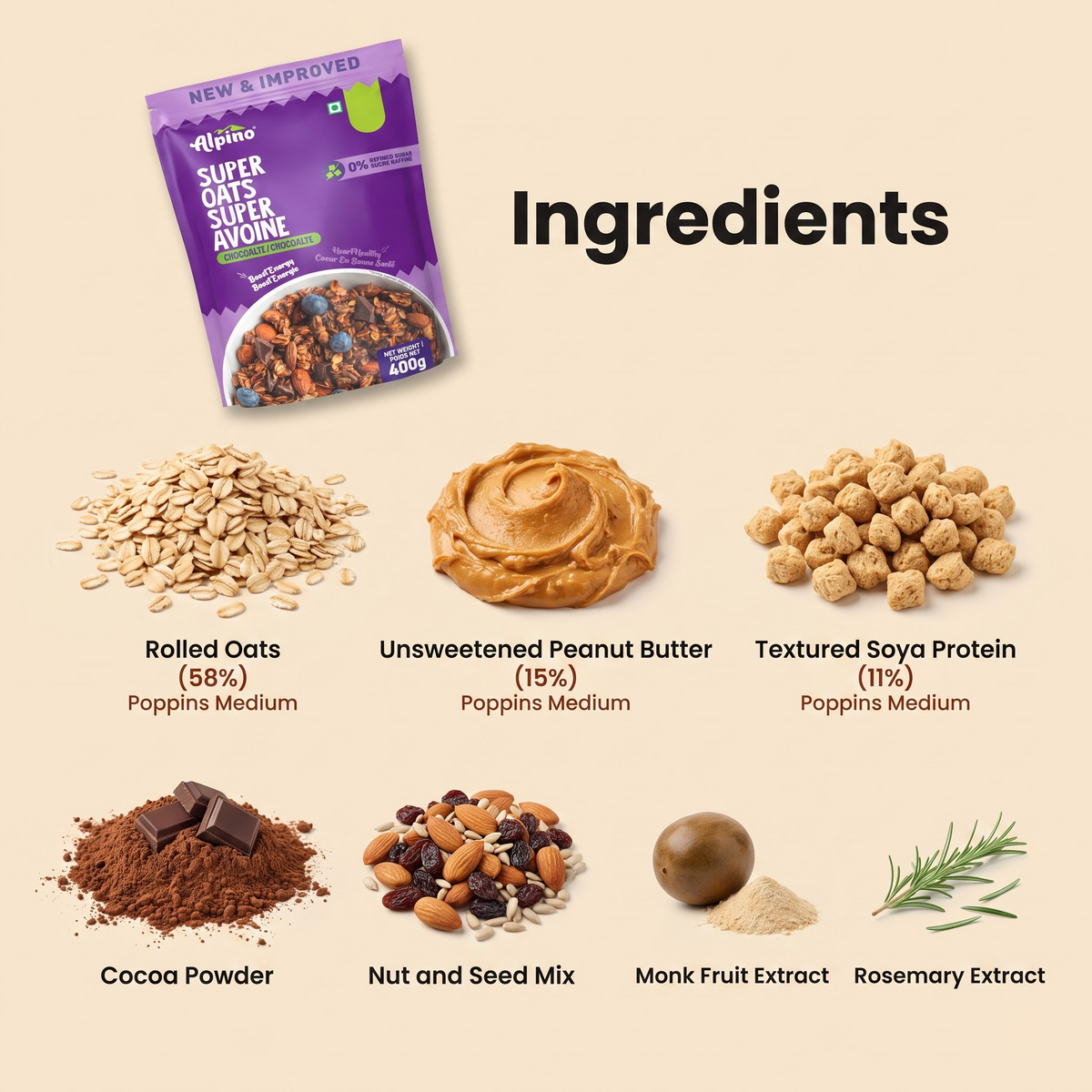 Chocolate Peanut Butter Granola/Oats Monk Fruit Sweetened, 400 g | Alpino