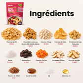 Ingrédients du muesli fruits et noix : flocons de blé, d'orge et de maïs, avoine au beurre d'arachide, raisins secs, papaye, pomme et amandes