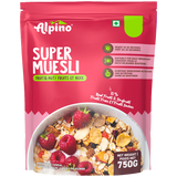 Alpino Super Muesli breakfast cereal in a 750g bag. The packaging is bright pink with green accents, featuring a bowl of prepared muesli with strawberries, nuts, and oats on the front.