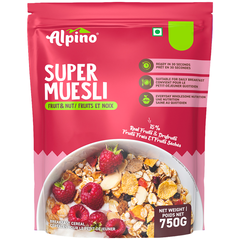 Alpino Super Muesli breakfast cereal in a 750g bag. The packaging is bright pink with green accents, featuring a bowl of prepared muesli with strawberries, nuts, and oats on the front.