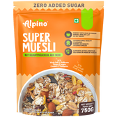 Alpino Super Muesli in a 750g stand-up pouch. The packaging is bright orange with green and white text, featuring a bowl of the prepared oatmeal breakfast cereal with nuts and fruits at the bottom.