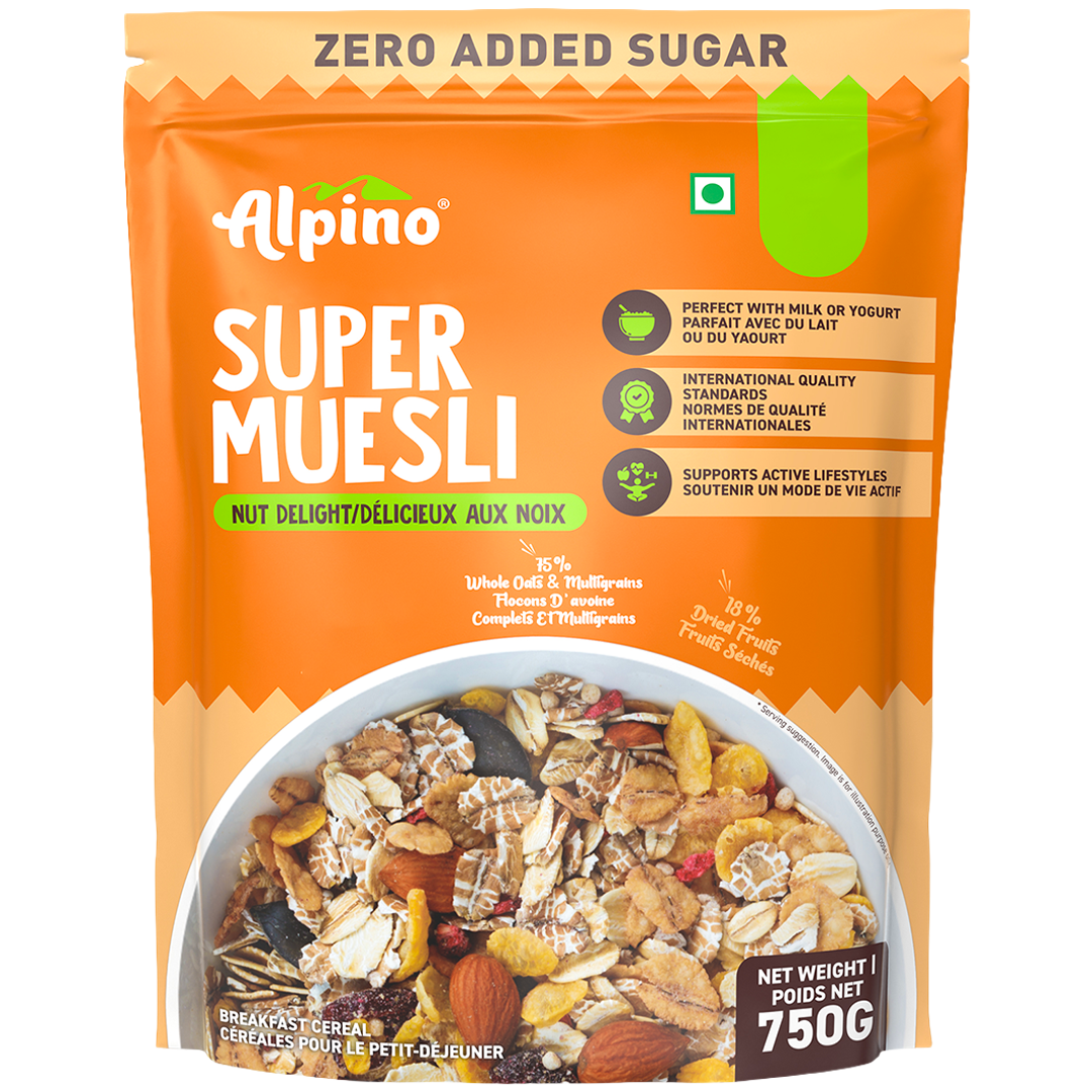 Alpino Super Muesli in a 750g stand-up pouch. The packaging is bright orange with green and white text, featuring a bowl of the prepared oatmeal breakfast cereal with nuts and fruits at the bottom.