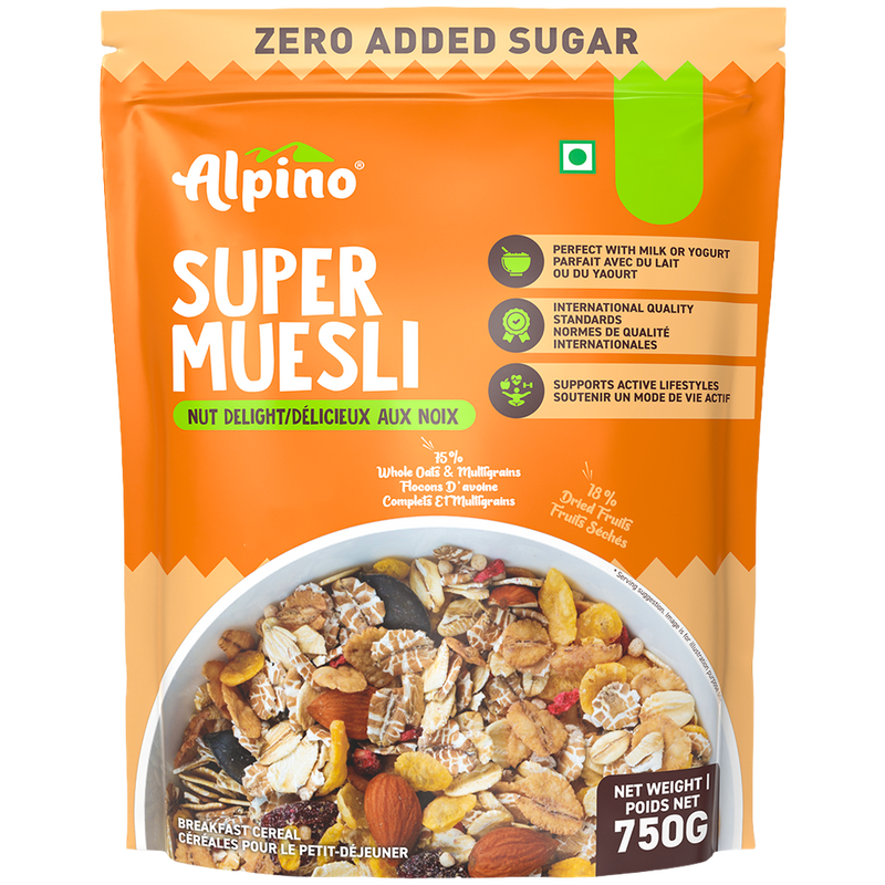 Alpino Super Muesli in a 750g stand-up pouch. The packaging is bright orange with green and white text, featuring a bowl of the prepared oatmeal breakfast cereal with nuts and fruits at the bottom.