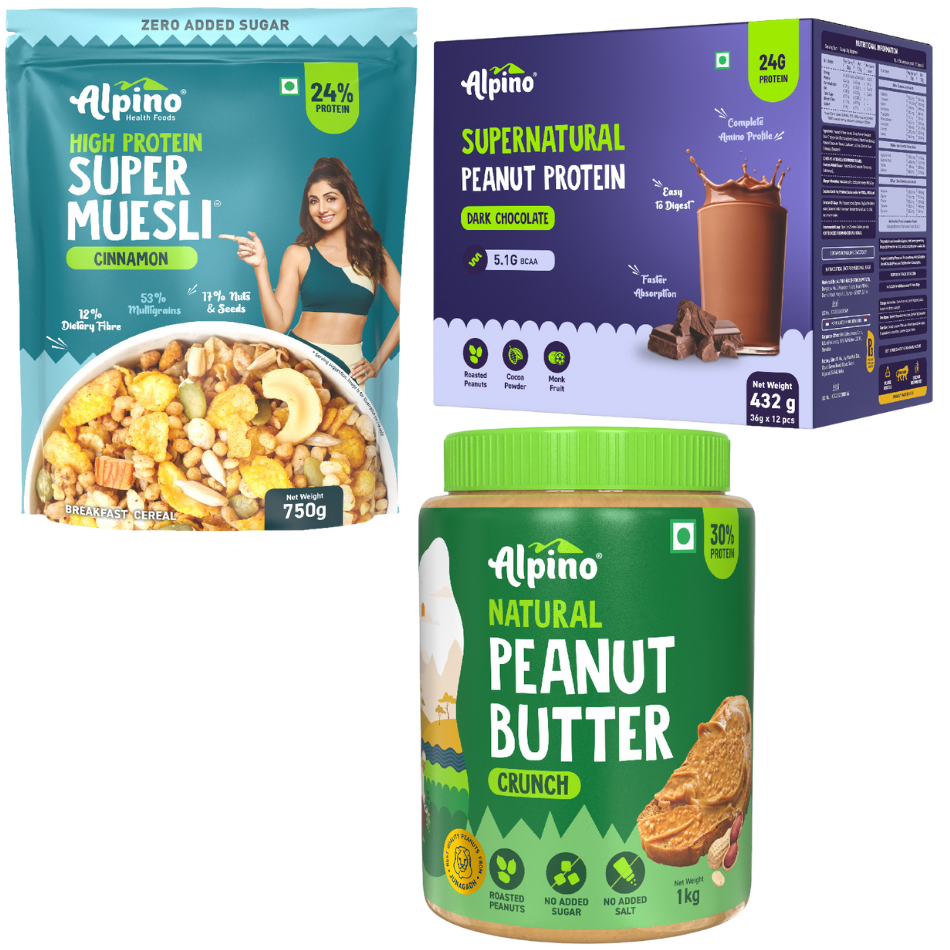 Protein Power Combo - Natural Peanut Butter Crunch 1 KG + Supernatural Peanut Protein Powder Dark Chocolate 432G + High Protein Super Muesli Cinnamon 750g-1