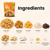 Alpino Super Muesli ingredients infographic on a light beige background, showing the orange product pouch at the top and labeled ingredient piles below: wheat flakes,alpino peanut butter oats, corn flakes, rice flakes, raisin, texturised soya protein, almond slice, coconut slice, salt, vitamin E, and natural identical flavouring substance (coconut).