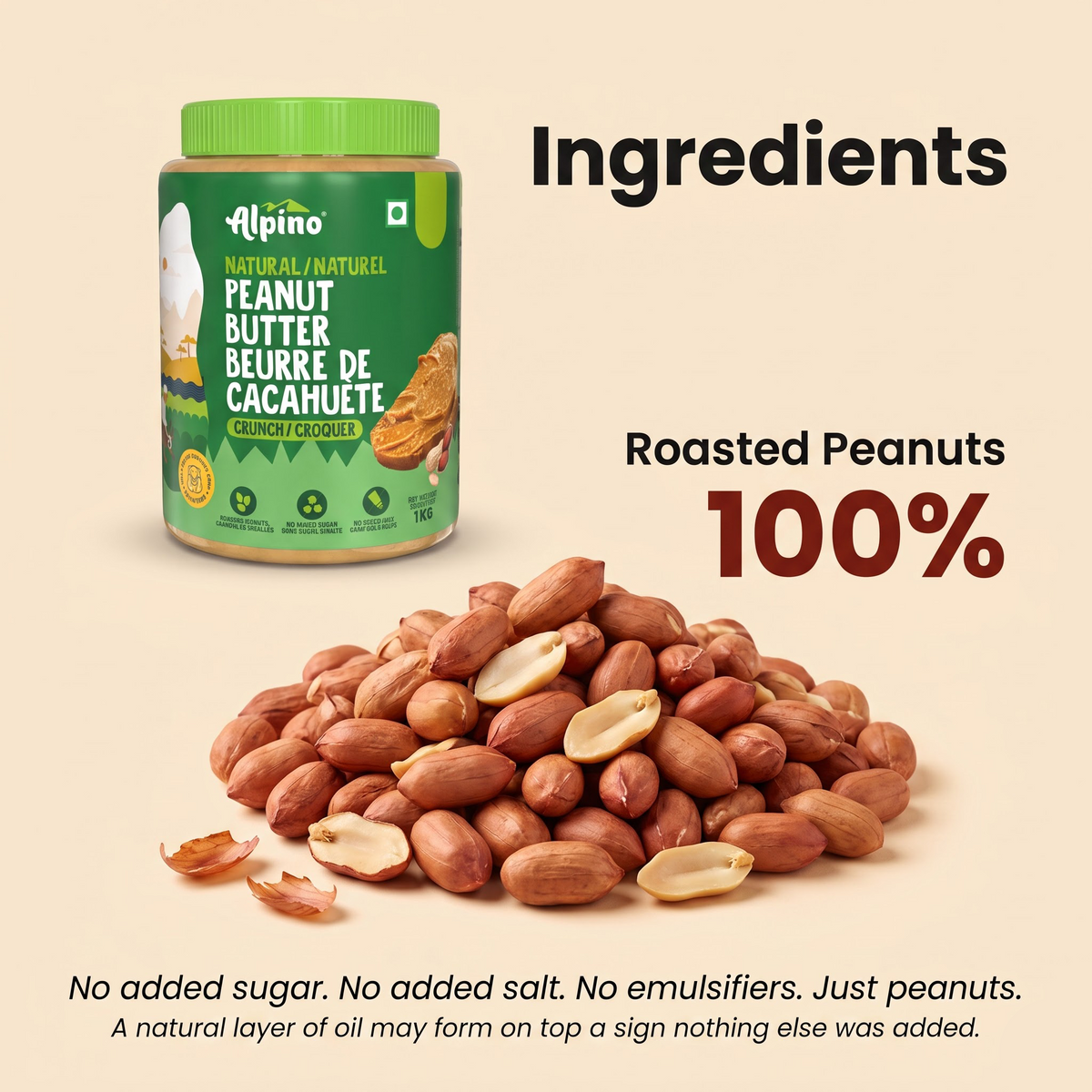 Natural Peanut Butter, No Sugar or Salt Added | Alpino